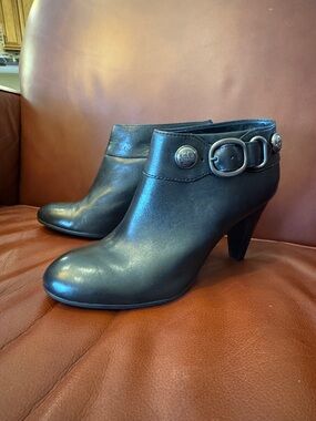 Coach Black Leather Heel Ankle Boots with Buckle Detail